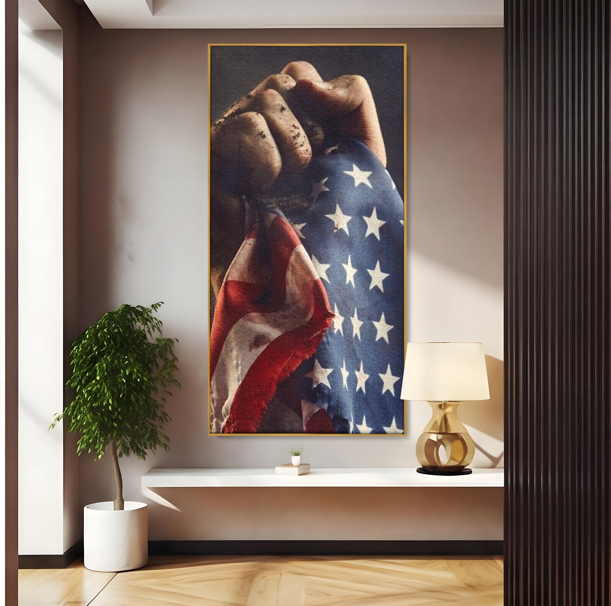 Tablou canvas cu tablou canvas cu mana murdara tinand steagul sua, in rama de aluminiu auriu